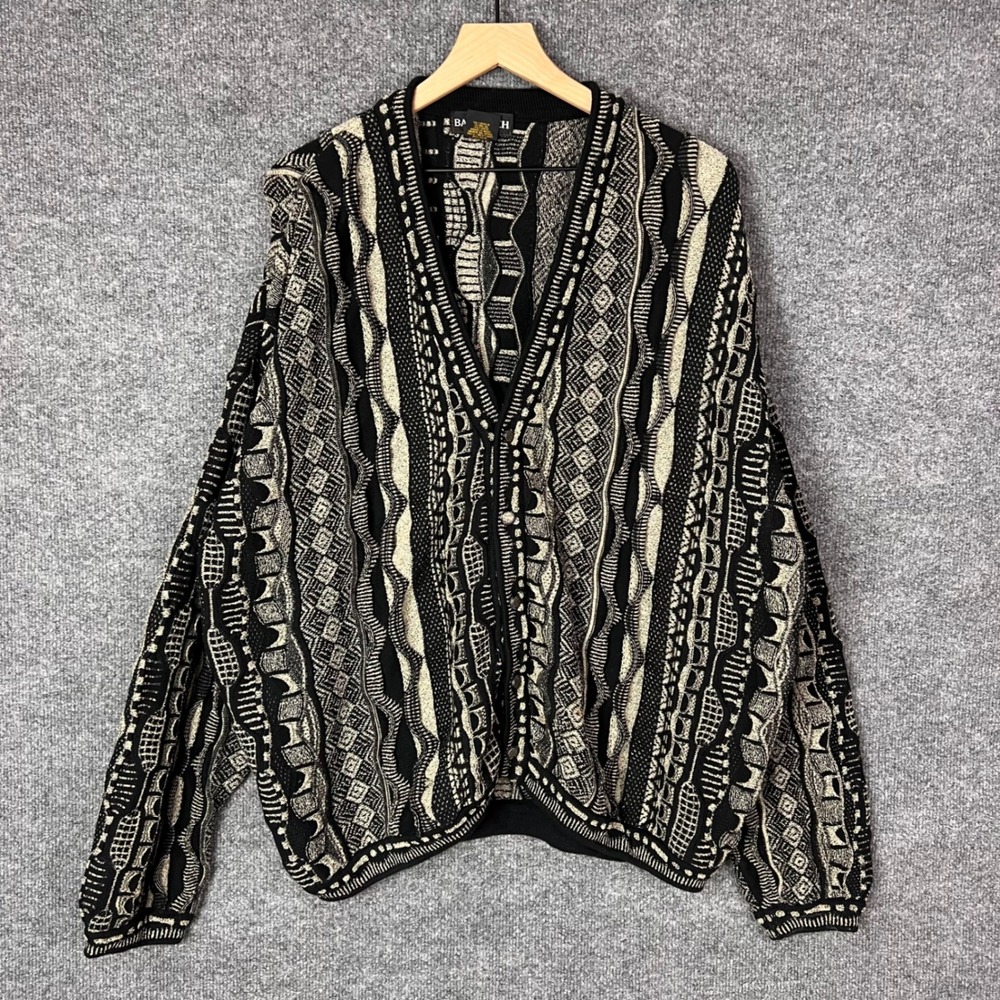 Vintage Bachrach 3D coogie Knit Cardigan Sweater L Black Tan Coogi Style Canada
